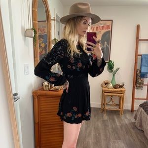 Boho embroidered floral lace insert mini dress